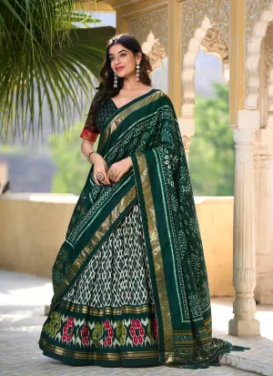 Green Tussar Silk Lehenga Choli With Ikkat Print Foil Work | Ready To Wear
