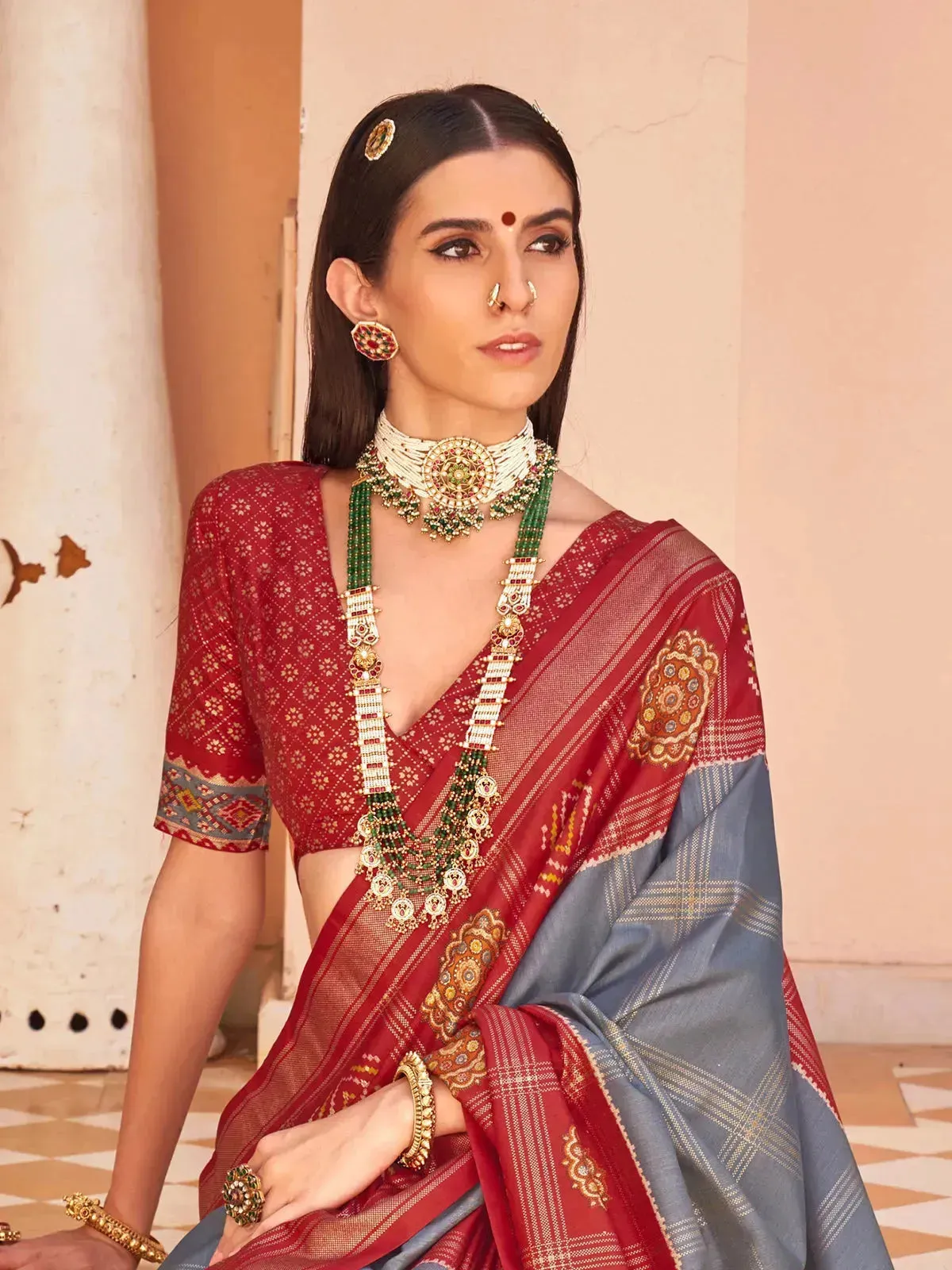 Grey Silk Patola Weeding Wear Saree with Red Border & Foil Print Design