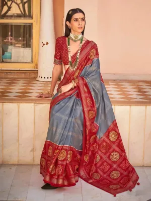 Grey Silk Patola Weeding Wear Saree with Red Border & Foil Print Design