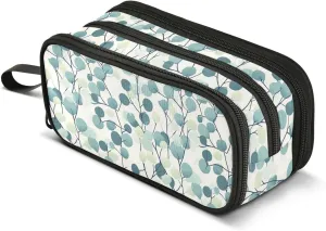 GuoChe Teal Blue Leaves Beige Nylon Pencil Case Pencil Bag High Capacity Pencil Cases For Girls Stationery Bag for Middle School Kids