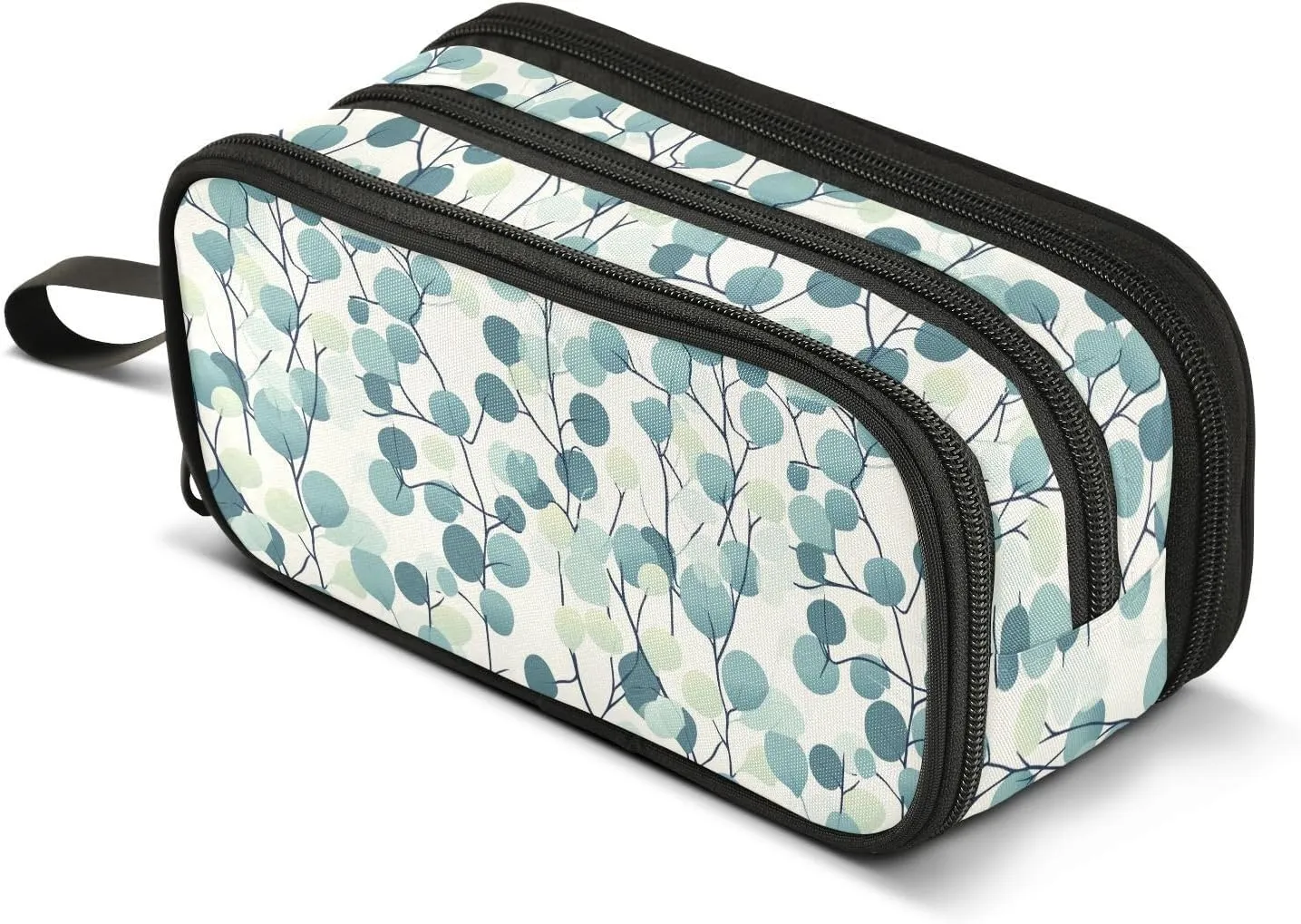 GuoChe Teal Blue Leaves Beige Nylon Pencil Case Pencil Bag High Capacity Pencil Cases For Girls Stationery Bag for Middle School Kids