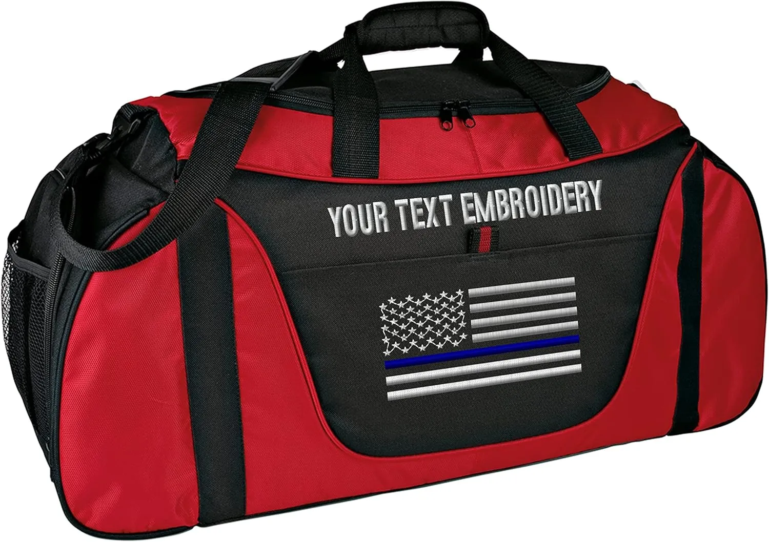 Gym Duffel bag Custom Embroidered Thin Red line or Blue line USA flag Travel Work Out Bag (Red/Black)