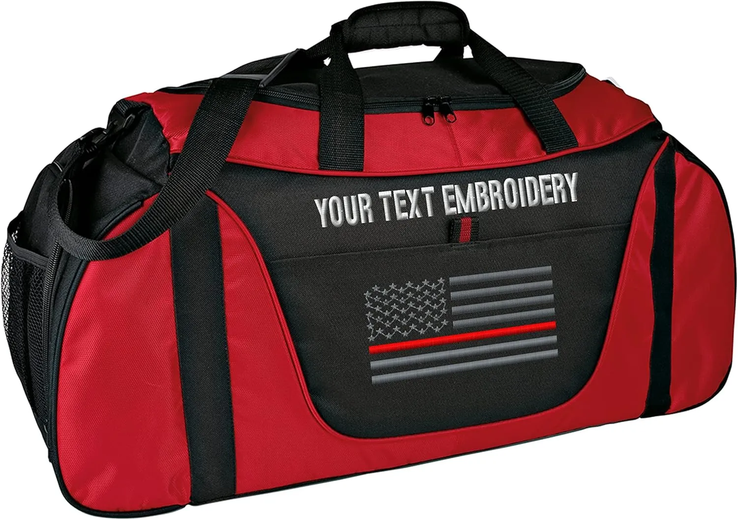 Gym Duffel bag Custom Embroidered Thin Red line or Blue line USA flag Travel Work Out Bag (Red/Black)