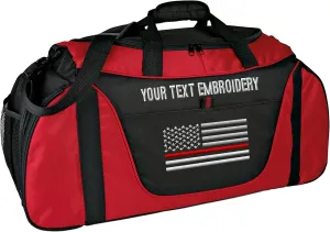 Gym Duffel bag Custom Embroidered Thin Red line or Blue line USA flag Travel Work Out Bag (Red/Black)