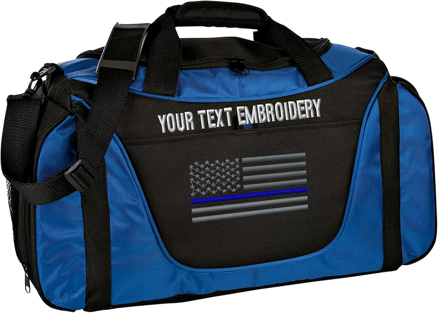 Gym Duffel bag Custom Embroidered Thin Red line or Blue line USA flag Travel Work Out Bag (Royal/Black)