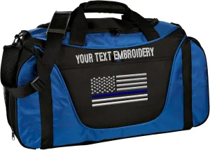 Gym Duffel bag Custom Embroidered Thin Red line or Blue line USA flag Travel Work Out Bag (Royal/Black)