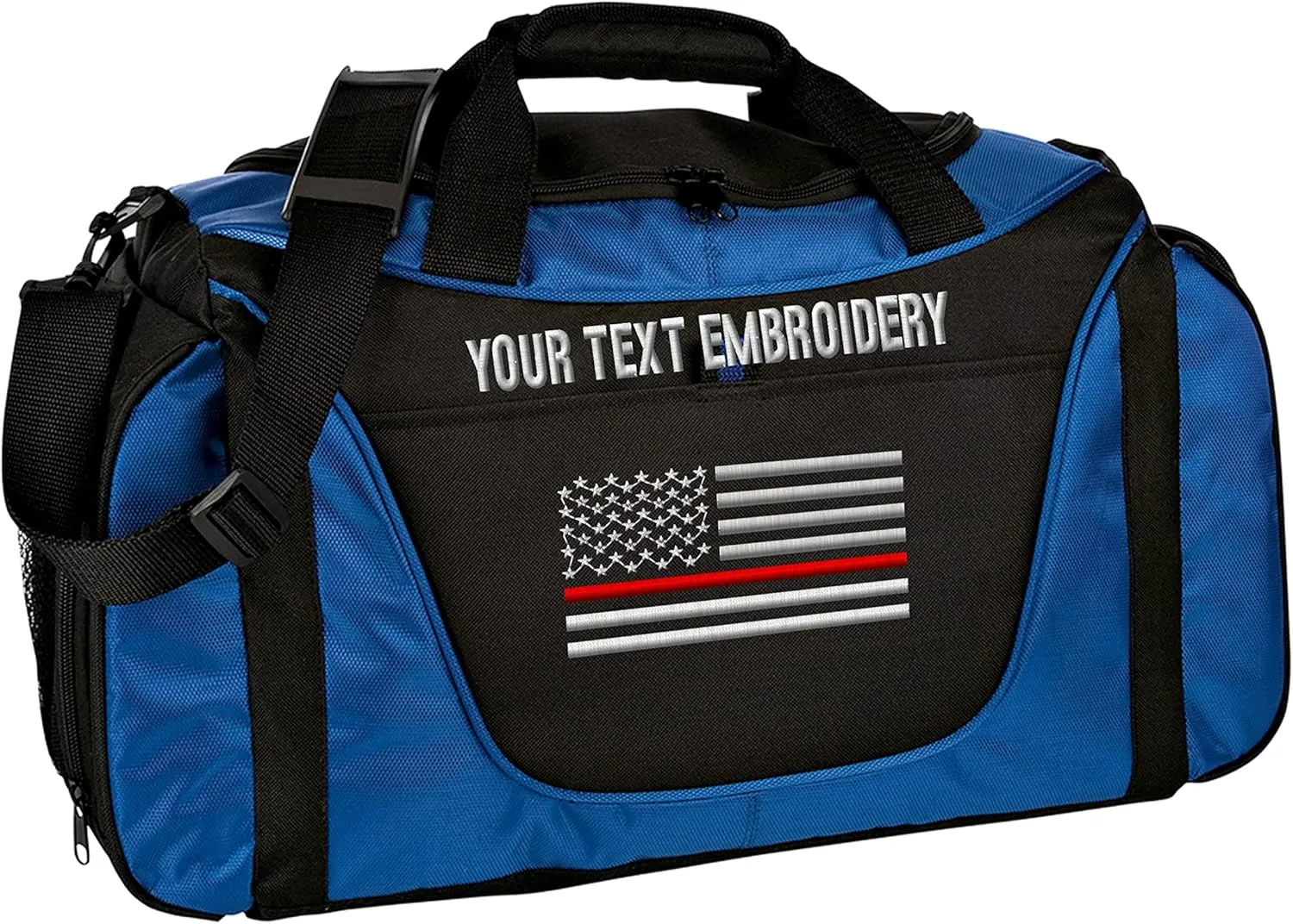 Gym Duffel bag Custom Embroidered Thin Red line or Blue line USA flag Travel Work Out Bag (Royal/Black)