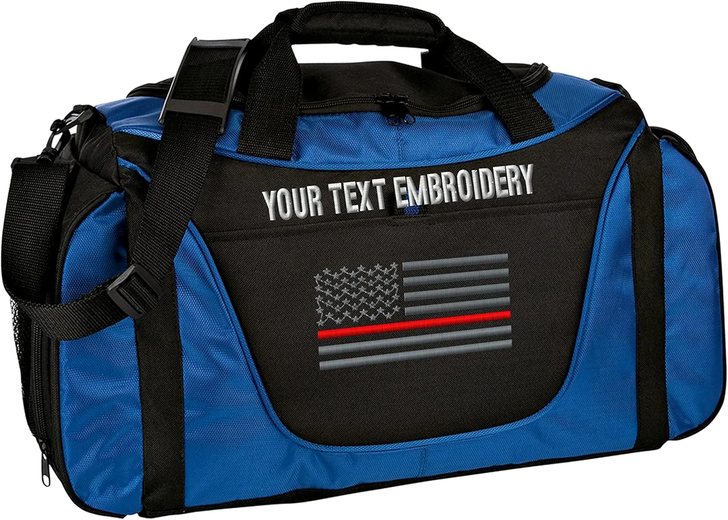 Gym Duffel bag Custom Embroidered Thin Red line or Blue line USA flag Travel Work Out Bag (Royal/Black)