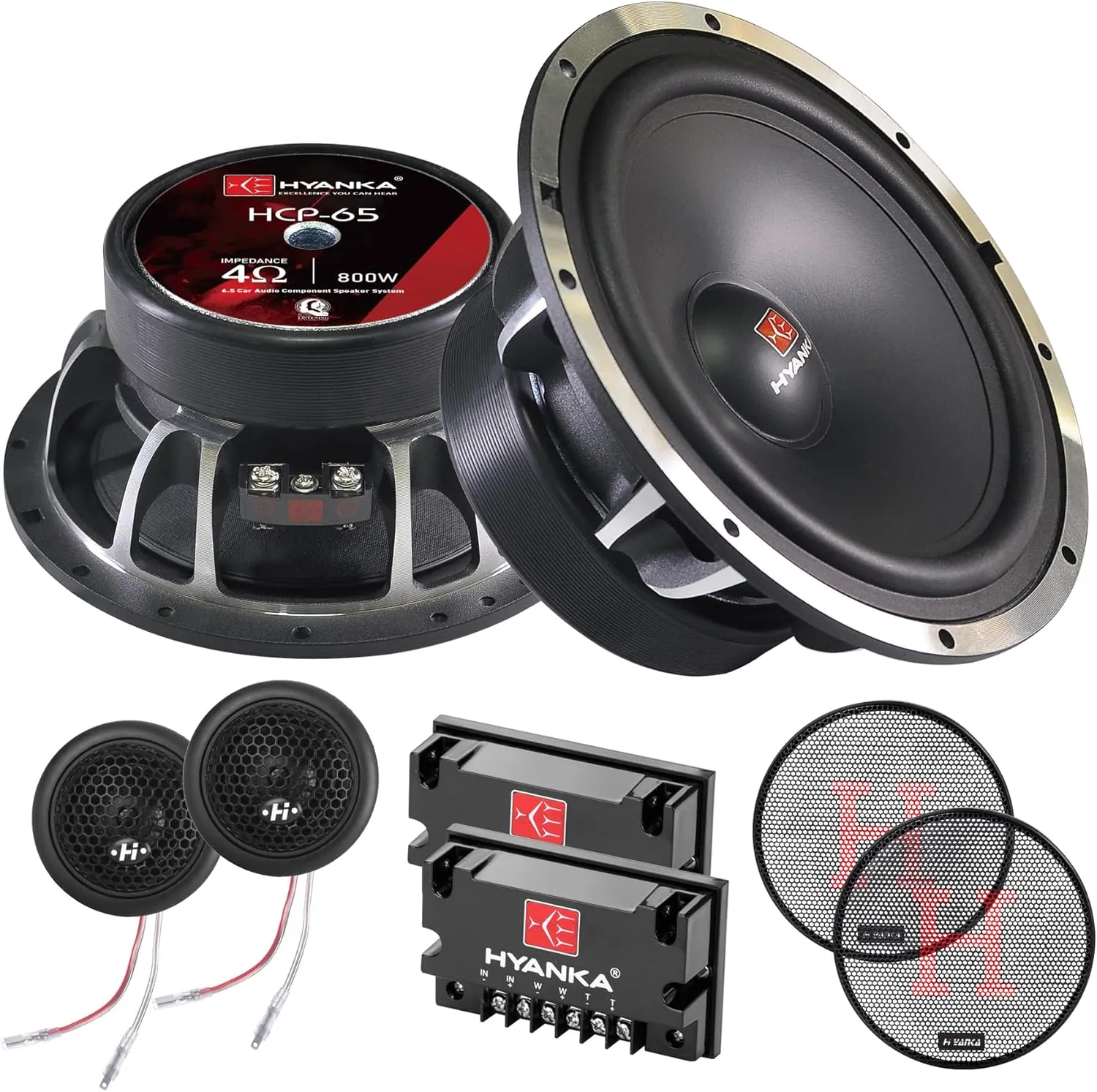H YANKA HCP-65 6.5 Component Car Speakers, 800 Watt Car Audio Stereo Door Speakers Perfect for Upgrading Any Car Stereo System Includes 2 x Midrange Woofers, Tweeters, and Crossovers (Set)