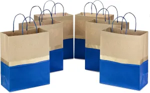 Hallmark 13" Large Paper Gift Bags (Pack of 6 - Blue & Kraft) for Hanukkah, Birthdays, Weddings, Graduations, Father's Day, Baby Showers, Bridal Showers