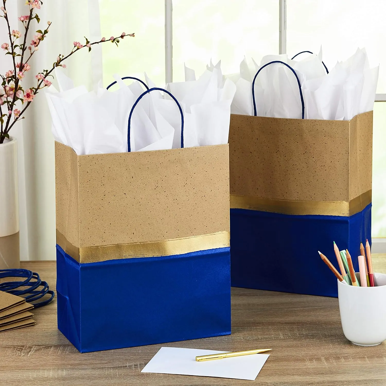 Hallmark 13" Large Paper Gift Bags (Pack of 6 - Blue & Kraft) for Hanukkah, Birthdays, Weddings, Graduations, Father's Day, Baby Showers, Bridal Showers
