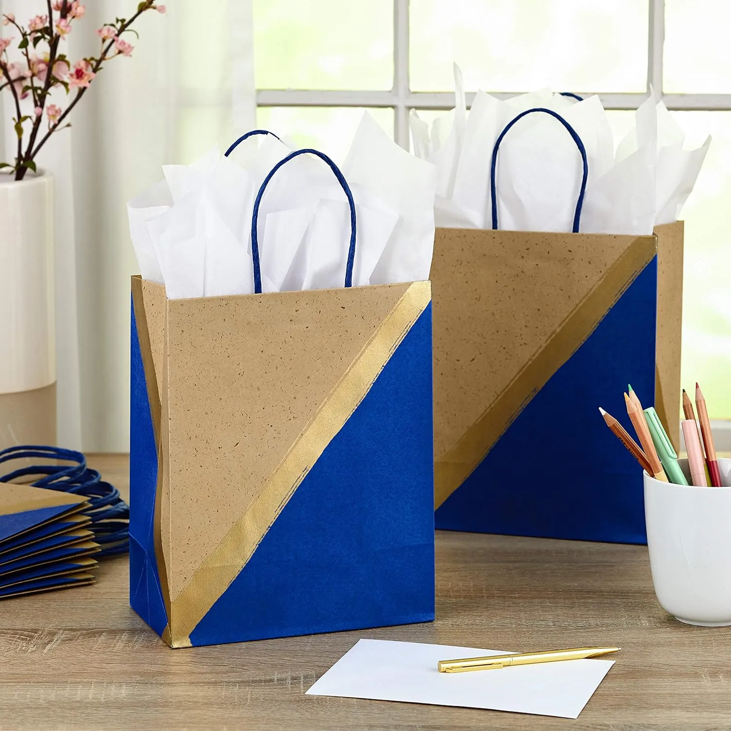 Hallmark 9" Medium Paper Gift Bags (Pack of 8 - Blue & Kraft) for Hanukkah, Birthdays, Weddings, Father's Day, Graduations, Baby Showers, Bridal Showers, Care Packages, May Day