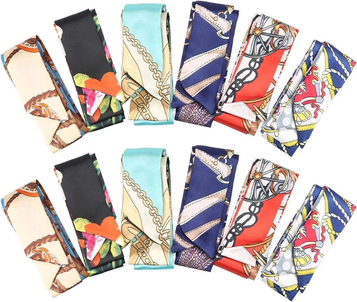 Hand Bag Silk Scarf Mixed Design Satin Hair Bands Smooth Beach Tote Bag Handle Cover Wraps Narrow Purse Scarf Fashion Ribbon for Women,6 Pairs