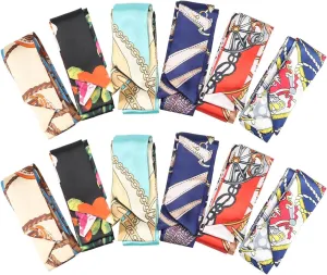 Hand Bag Silk Scarf Mixed Design Satin Hair Bands Smooth Beach Tote Bag Handle Cover Wraps Narrow Purse Scarf Fashion Ribbon for Women,6 Pairs