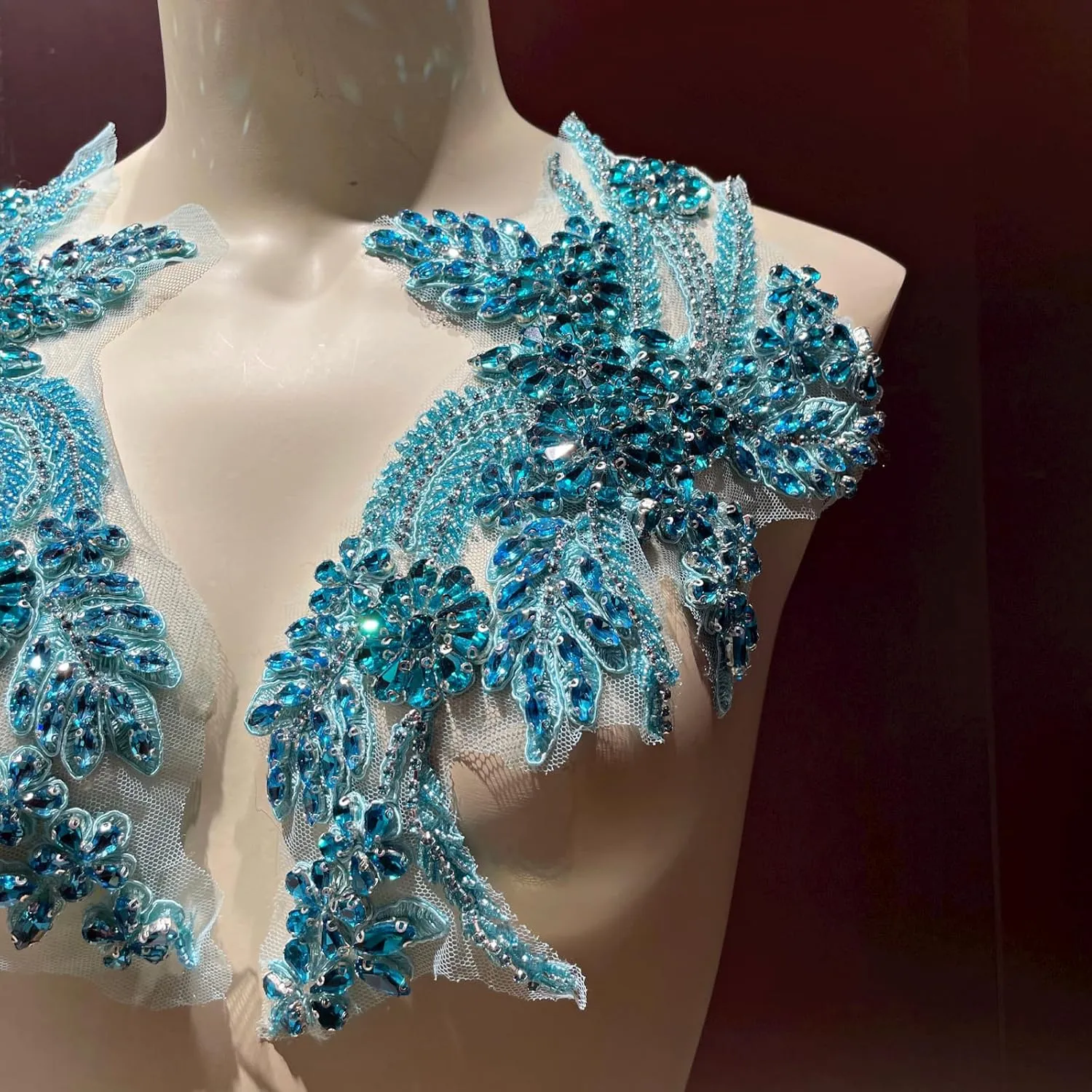 Handmade Lake Blue appliqué, Rhinestone appliqué for Dresses, Garments, Skirts, Bags, Jewelry and Other Decorative Accessories (Lake Blue-8)