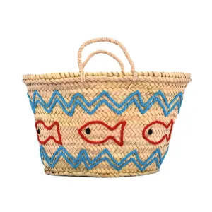 Handwoven Straw Beach Bag With Fish Motif - Ocean Tote Bag, Vacation Bag For Women - Summer Bag & Picnic Basket, Beach Basket Tote - Elegant Beach Gifts For Women! (Large)