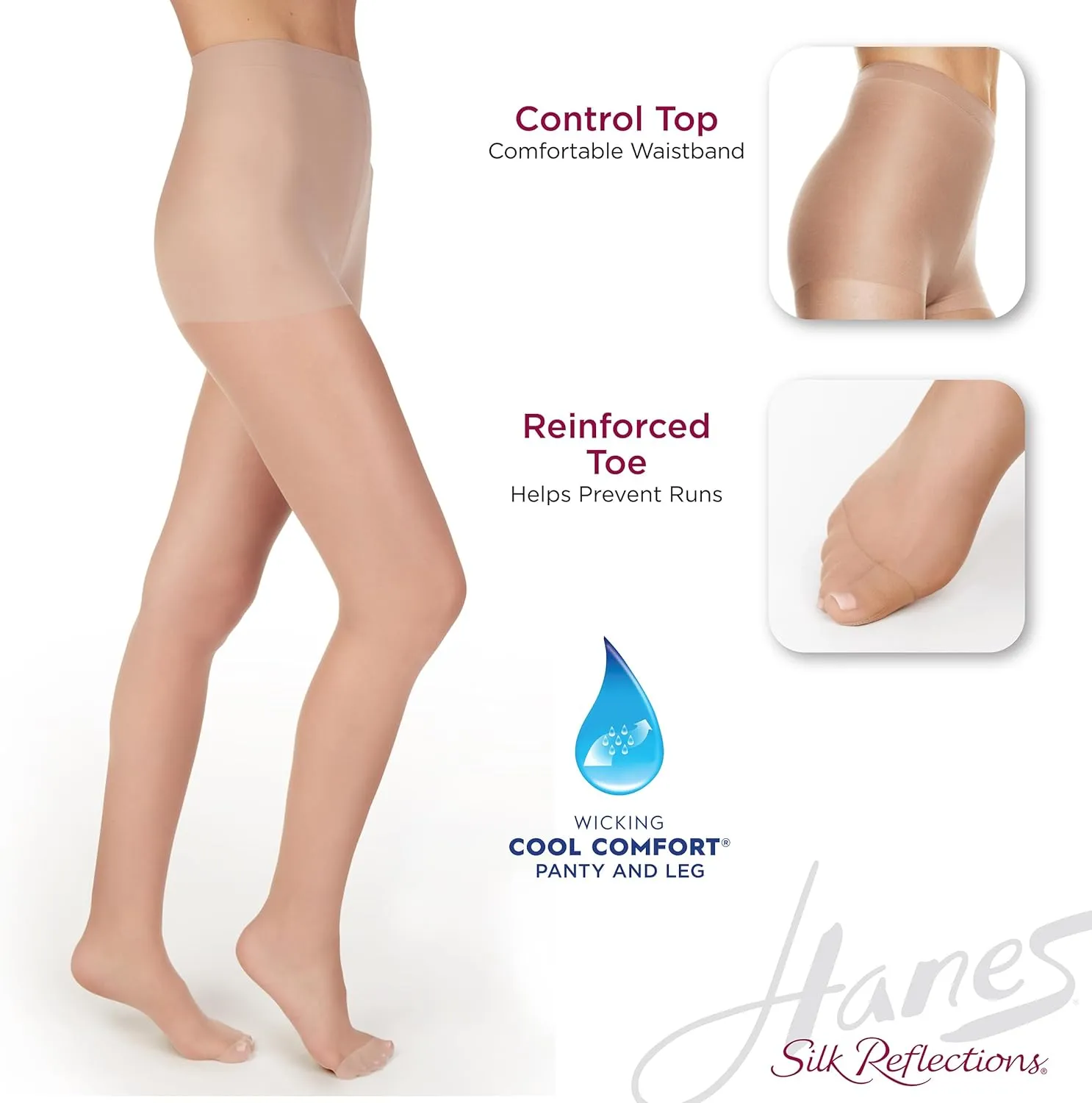 Hanes Silk Reflections Pantyhose Silky Sheer- Control Top- Reinforced Toe