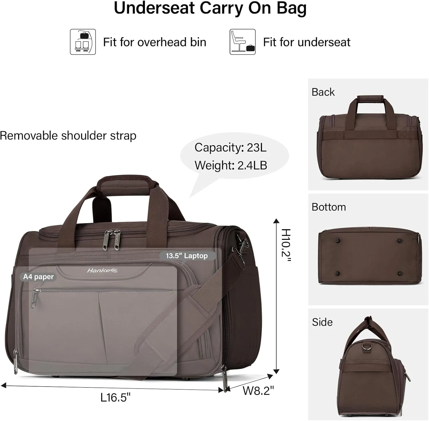 Hanke Foldable Underseat Carry On luggage Bag, Travel Tote Bag for Women & Men, Personal Item Travel Bag Softside Lightweight Luggage Bags for Travel Flight Crew Overnight Weekender Bag.（Coffee）