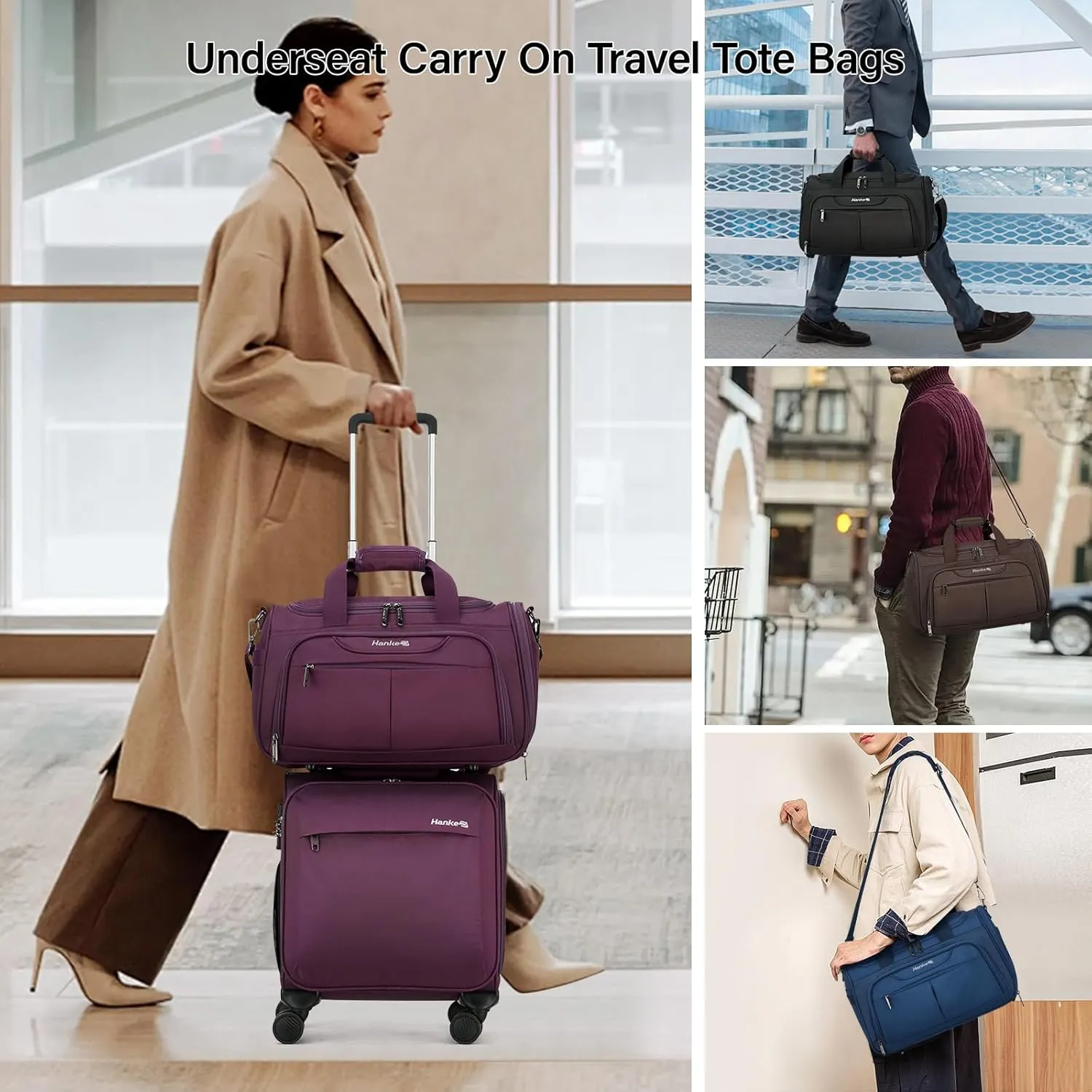 Hanke Foldable Underseat Carry On luggage Bag, Travel Tote Bag for Women & Men, Personal Item Travel Bag Softside Lightweight Luggage Bags for Travel Flight Crew Overnight Weekender Bag.（Coffee）