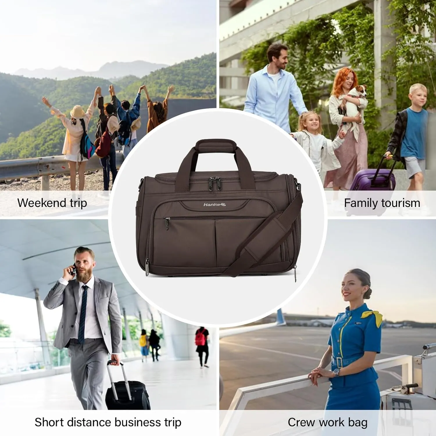 Hanke Foldable Underseat Carry On luggage Bag, Travel Tote Bag for Women & Men, Personal Item Travel Bag Softside Lightweight Luggage Bags for Travel Flight Crew Overnight Weekender Bag.（Coffee）