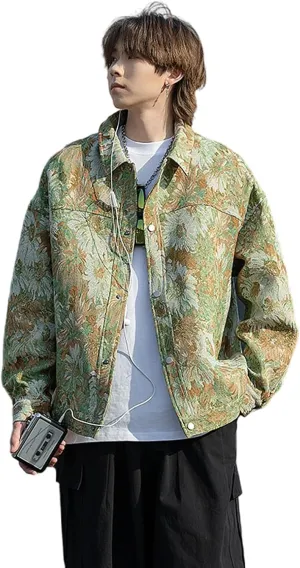 Harajuku Top Men's and Women's Jacquard Embroidered Vintage Jacket Top Men's Casual Loose Coat Men's Button Top