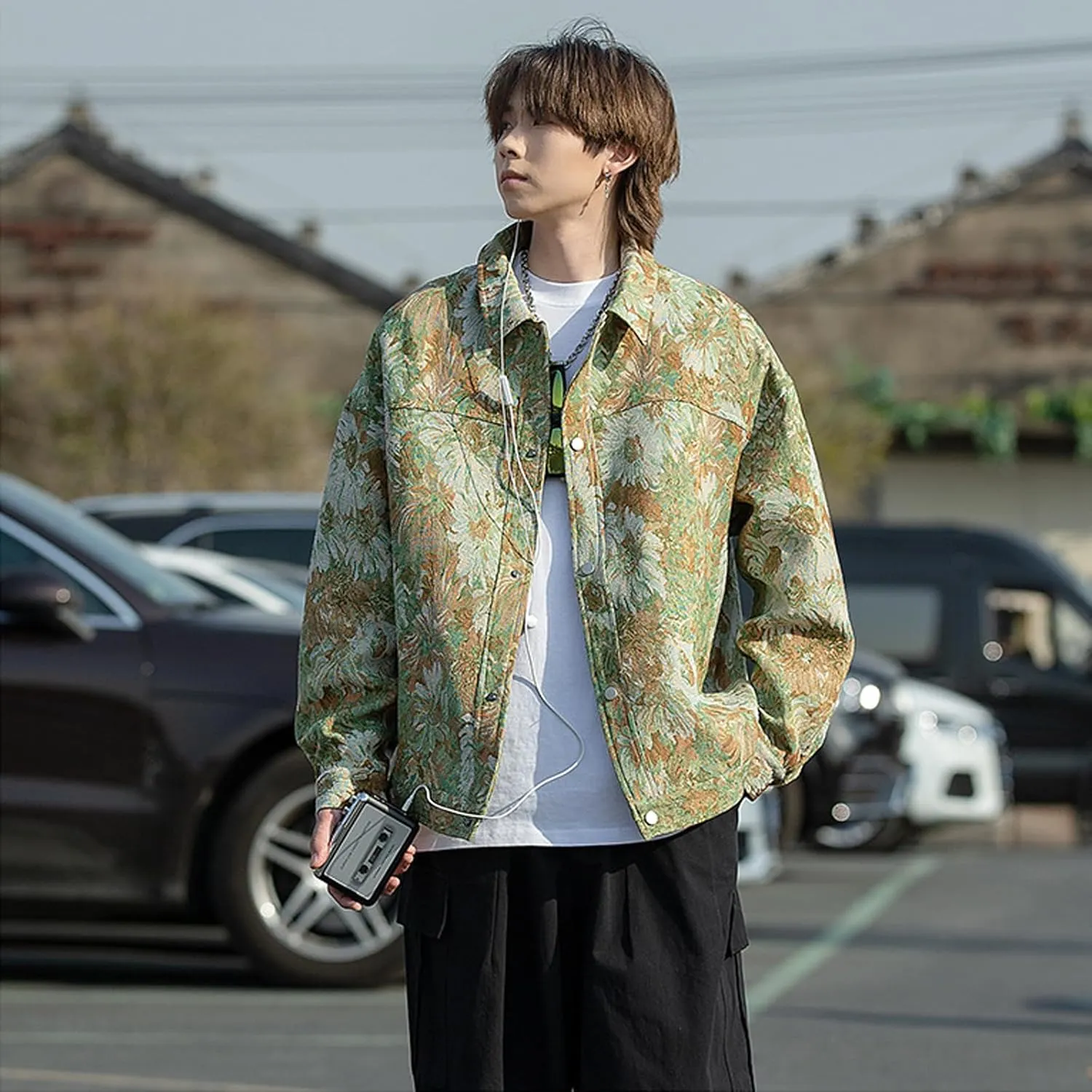 Harajuku Top Men's and Women's Jacquard Embroidered Vintage Jacket Top Men's Casual Loose Coat Men's Button Top