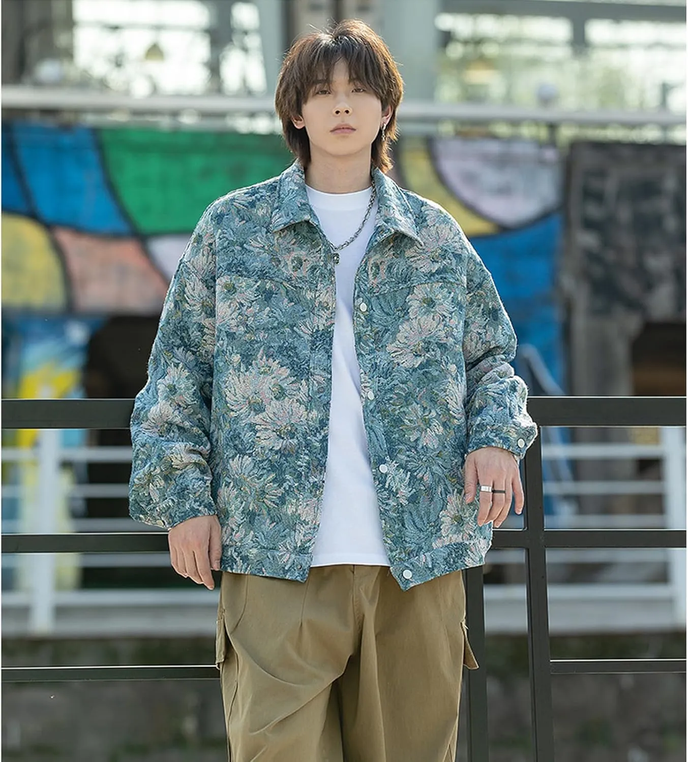 Harajuku Top Men's and Women's Jacquard Embroidered Vintage Jacket Top Men's Casual Loose Coat Men's Button Top