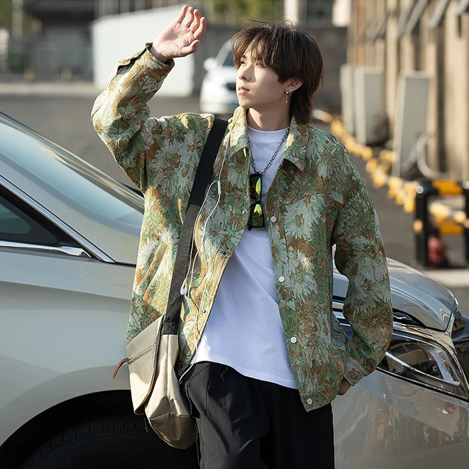 Harajuku Top Men's and Women's Jacquard Embroidered Vintage Jacket Top Men's Casual Loose Coat Men's Button Top