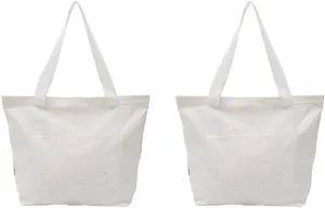 Heavy Duty 100% Cotton Canvas Zipper Beach Shoulder Grocery Tote Bag With Outer Pocket 2-pack