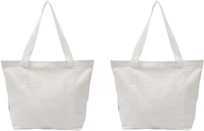 Heavy Duty 100% Cotton Canvas Zipper Beach Shoulder Grocery Tote Bag With Outer Pocket 2-pack