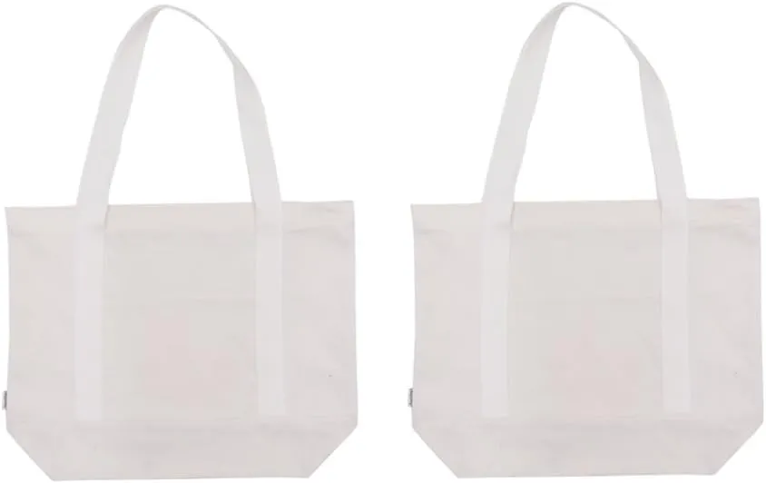 Heavy Duty 100% Cotton Canvas Zipper Beach Shoulder Grocery Tote Bag With Outer Pocket 2-pack
