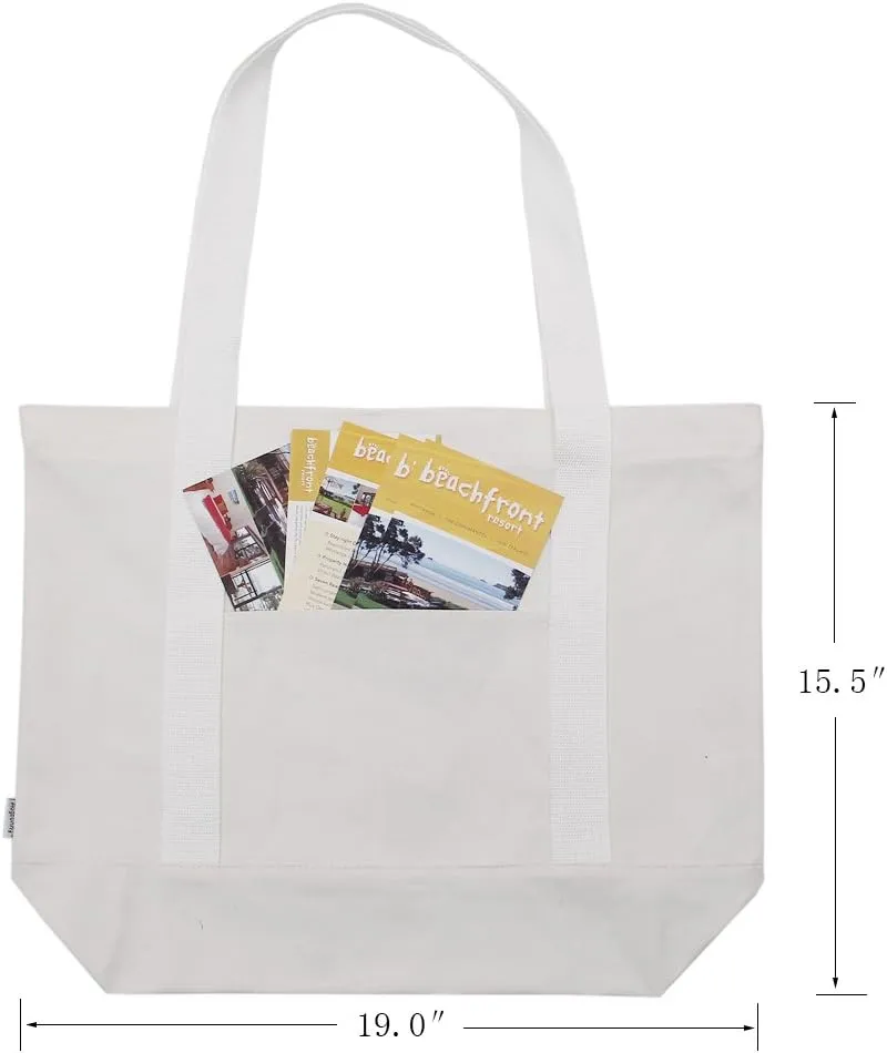 Heavy Duty 100% Cotton Canvas Zipper Beach Shoulder Grocery Tote Bag With Outer Pocket 2-pack