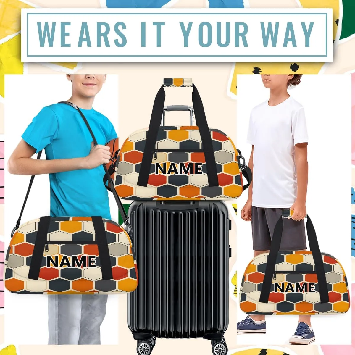 Hexagon Pattern Custom Small Gym Bag 18 inch for Women Men Personalized Geometric Trellis Polygon Carry On Overnight Weekender Bag for Travel Work Dance Sport