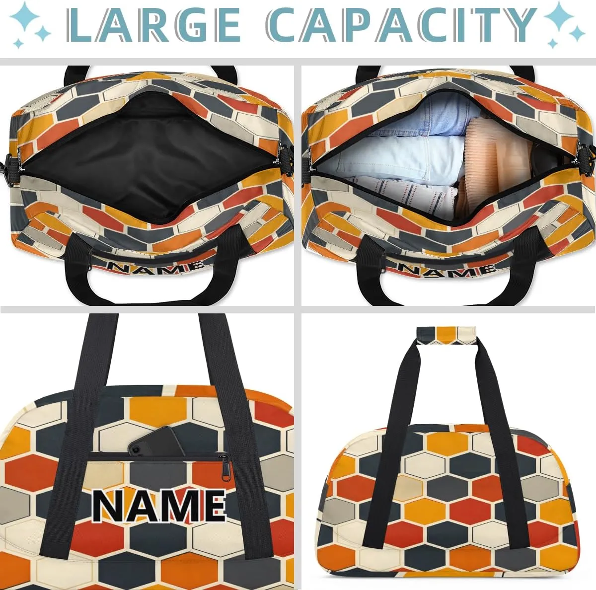Hexagon Pattern Custom Small Gym Bag 18 inch for Women Men Personalized Geometric Trellis Polygon Carry On Overnight Weekender Bag for Travel Work Dance Sport