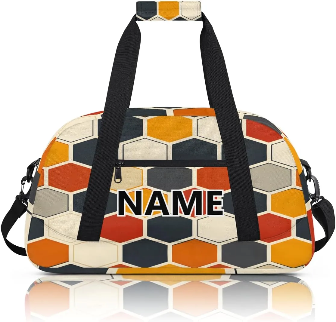Hexagon Pattern Custom Small Gym Bag 18 inch for Women Men Personalized Geometric Trellis Polygon Carry On Overnight Weekender Bag for Travel Work Dance Sport