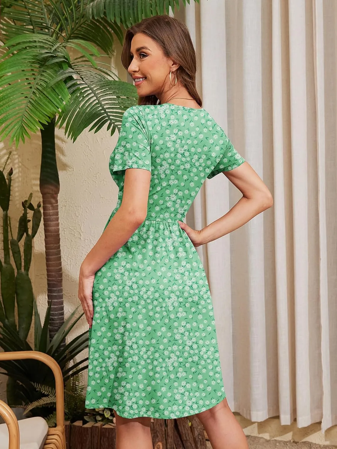 Heymoments Womens Summer Short Sleeve Casual Dresses V-Neck Midi Dress with Pockets S-2XL