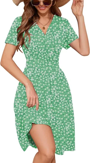 Heymoments Womens Summer Short Sleeve Casual Dresses V-Neck Midi Dress with Pockets S-2XL