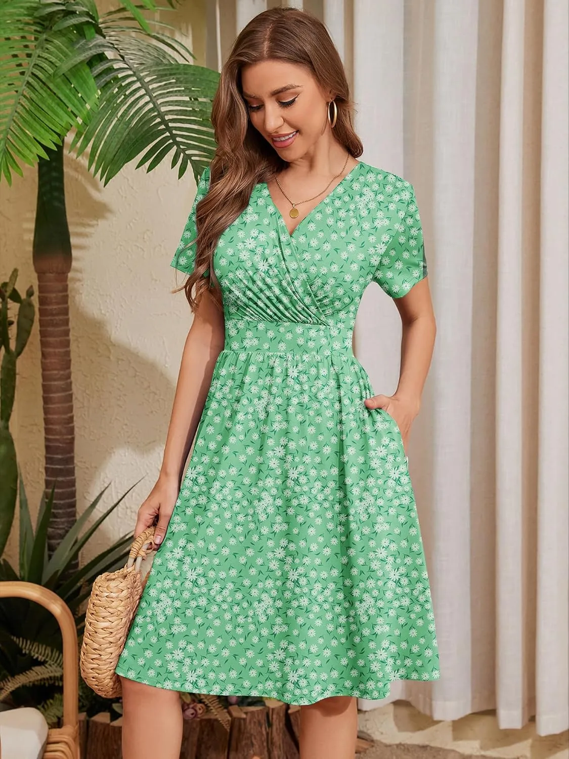 Heymoments Womens Summer Short Sleeve Casual Dresses V-Neck Midi Dress with Pockets S-2XL