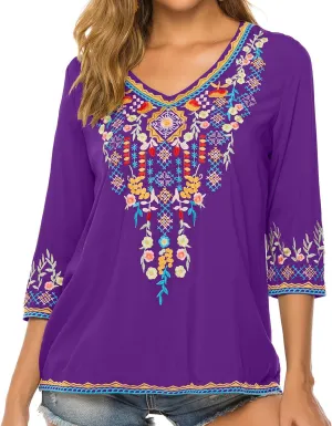 Higustar Mexican Tops for Women Embroidered Shirts Bohemian Hippie Clothes Tunic Fiesta Plus Size Boho Peasant Blouses