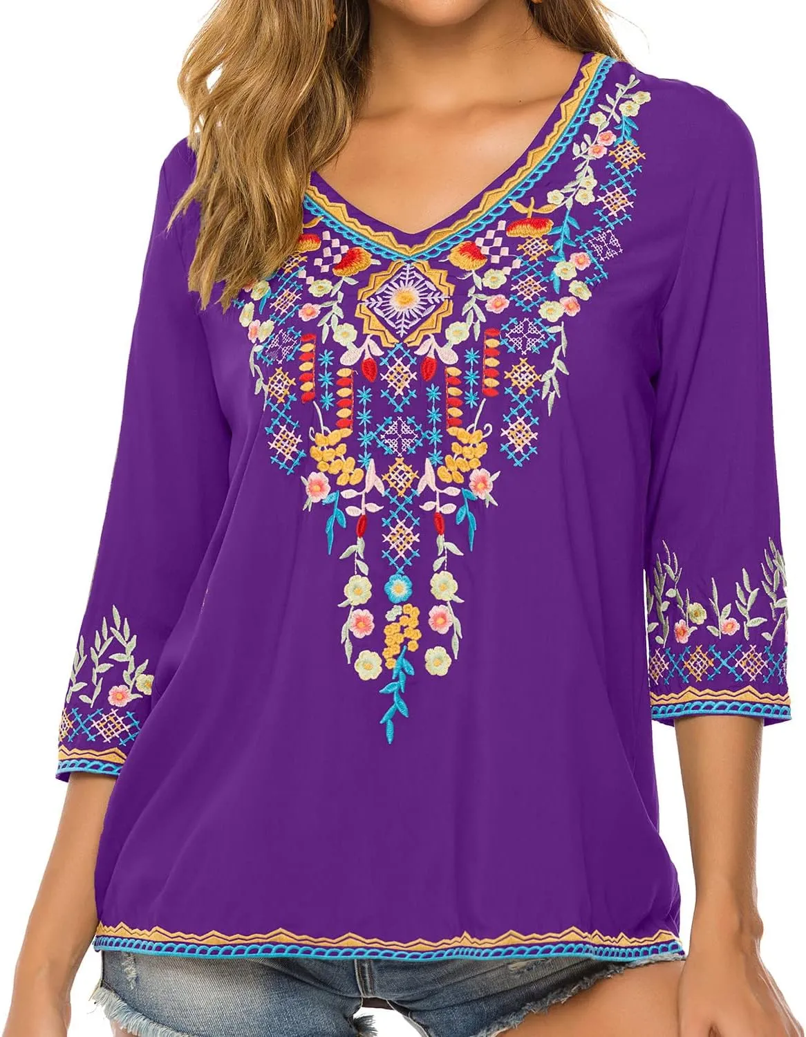 Higustar Mexican Tops for Women Embroidered Shirts Bohemian Hippie Clothes Tunic Fiesta Plus Size Boho Peasant Blouses