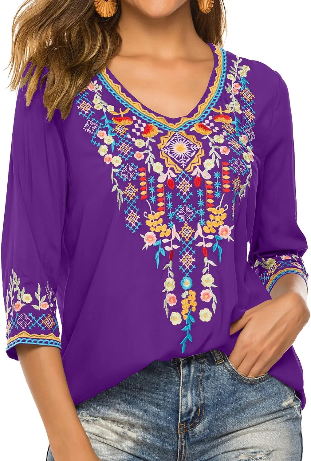 Higustar Mexican Tops for Women Embroidered Shirts Bohemian Hippie Clothes Tunic Fiesta Plus Size Boho Peasant Blouses