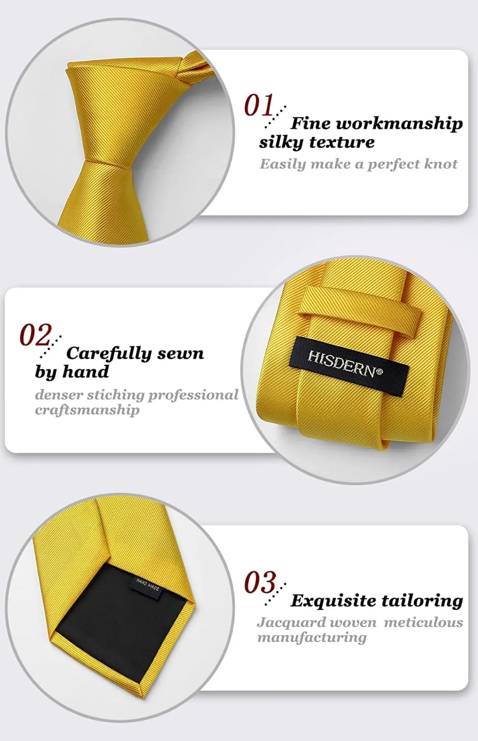 HISDERN Mens Ties Solid Color Wedding Ties and Pocket Square Neckties Clip Sets Business Formal Satin Ties for Men