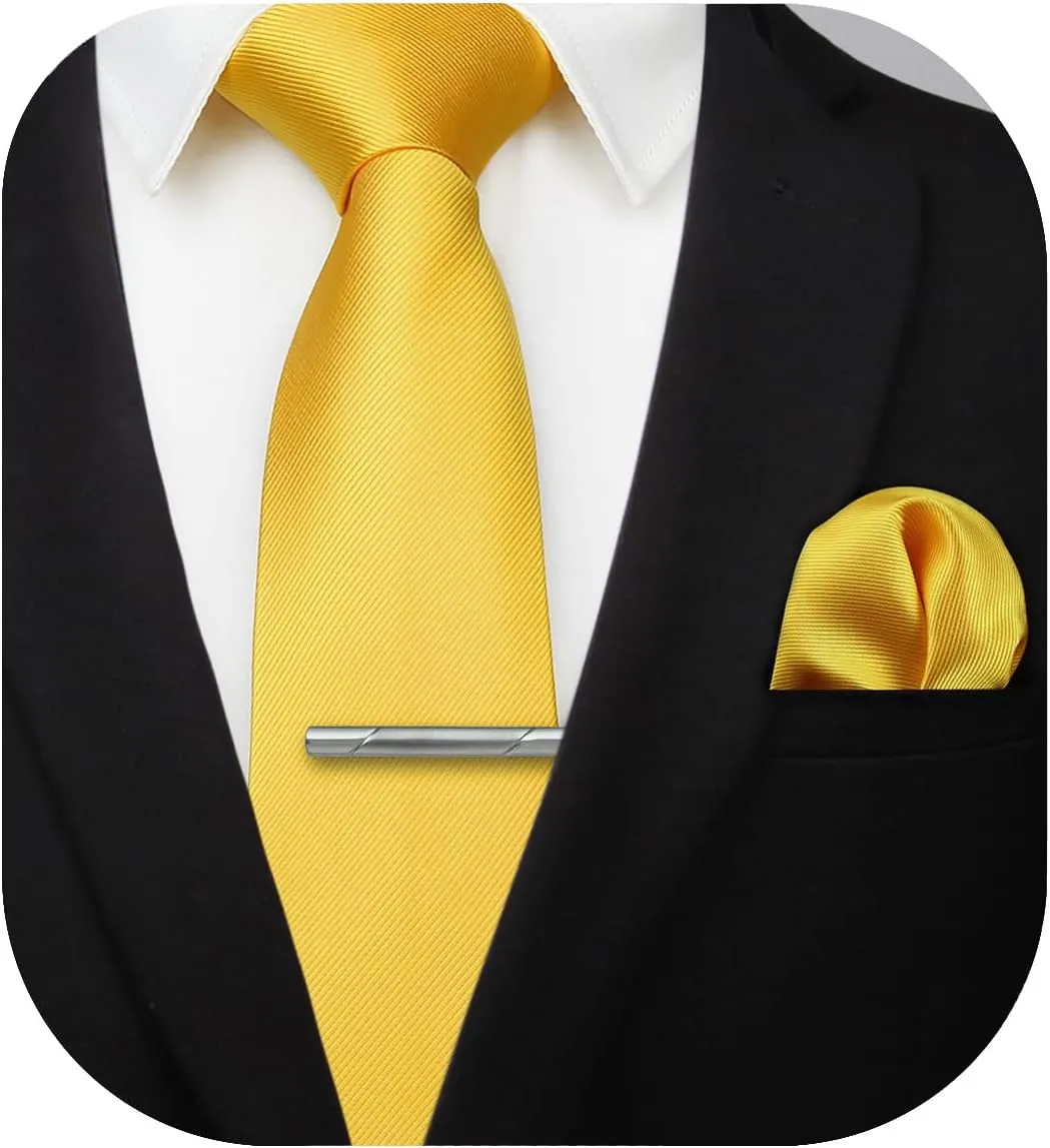 HISDERN Mens Ties Solid Color Wedding Ties and Pocket Square Neckties Clip Sets Business Formal Satin Ties for Men