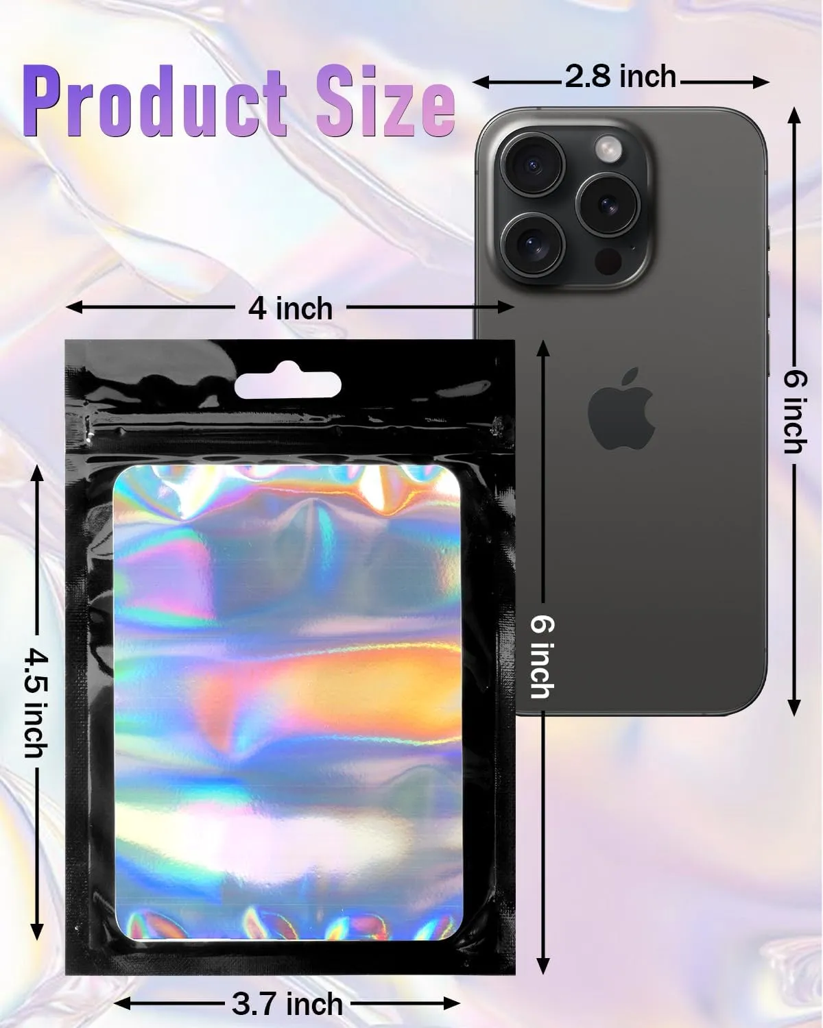 Holographic Resealable Foil Pouch Bags 200 PCS Smell Proof Mylar Bags (4 x 6 Inch) for Food Storage, Party Favors, and Gift Packaging