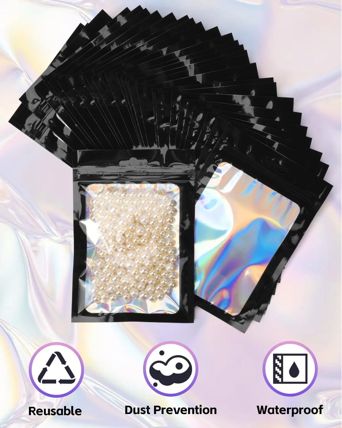 Holographic Resealable Foil Pouch Bags 200 PCS Smell Proof Mylar Bags (4 x 6 Inch) for Food Storage, Party Favors, and Gift Packaging