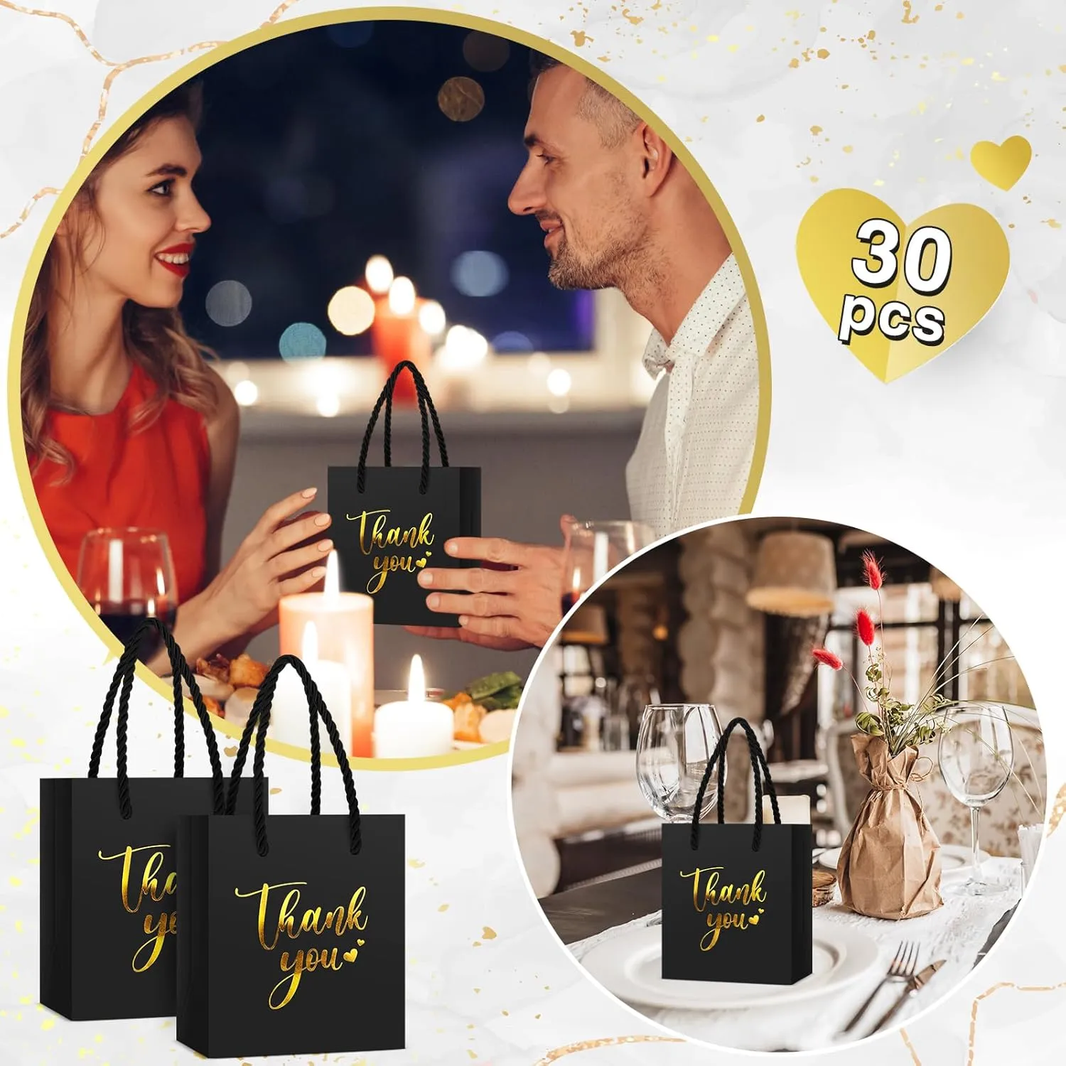 Honoson 30 Pcs Mini Gift Bag with Handle 4 x 2.75 x 4.5'' Small Thank You Paper Bag for Wedding Baby Shower Birthday Graduation Thanksgiving Party Favor Supplies(Black/Gold)