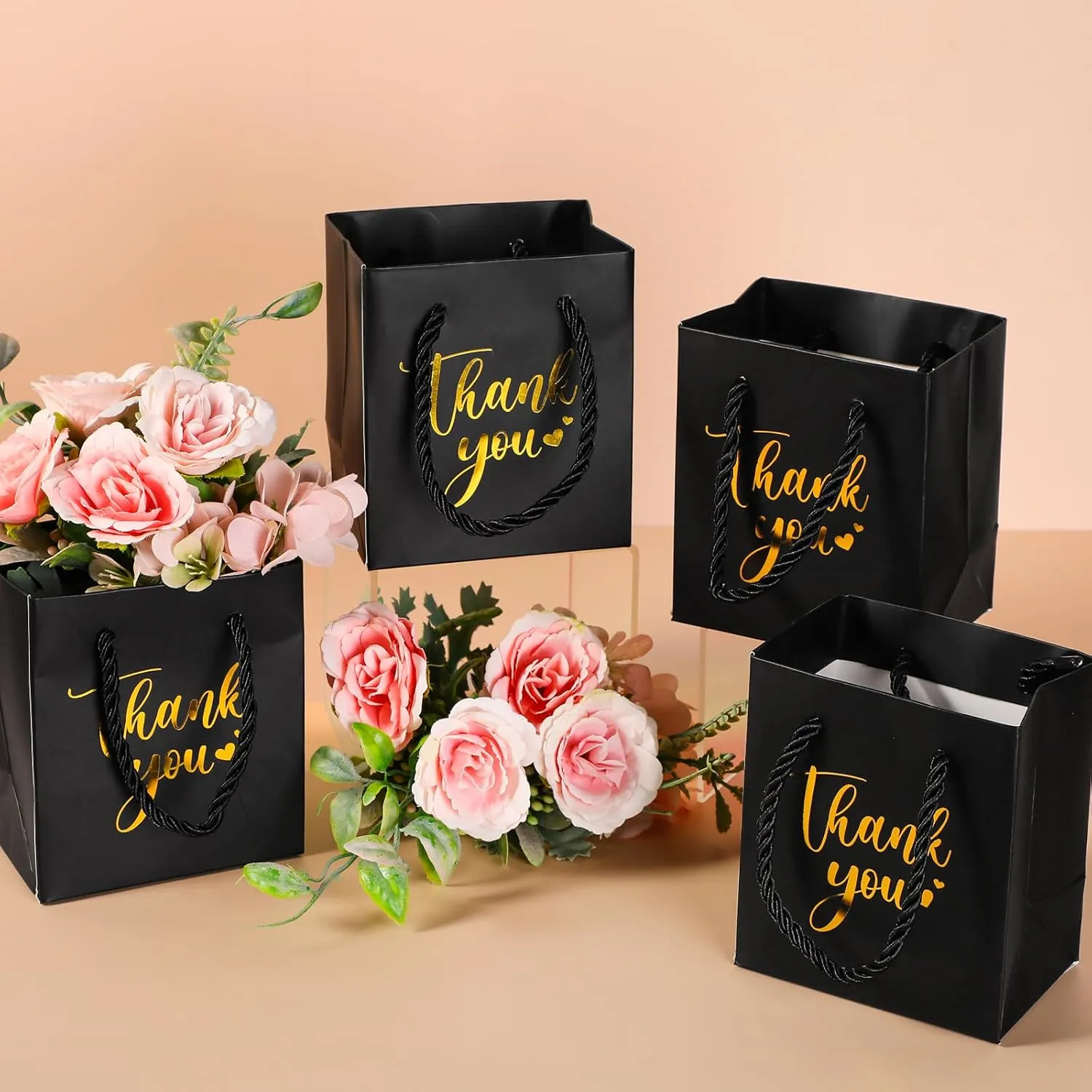 Honoson 30 Pcs Mini Gift Bag with Handle 4 x 2.75 x 4.5'' Small Thank You Paper Bag for Wedding Baby Shower Birthday Graduation Thanksgiving Party Favor Supplies(Black/Gold)