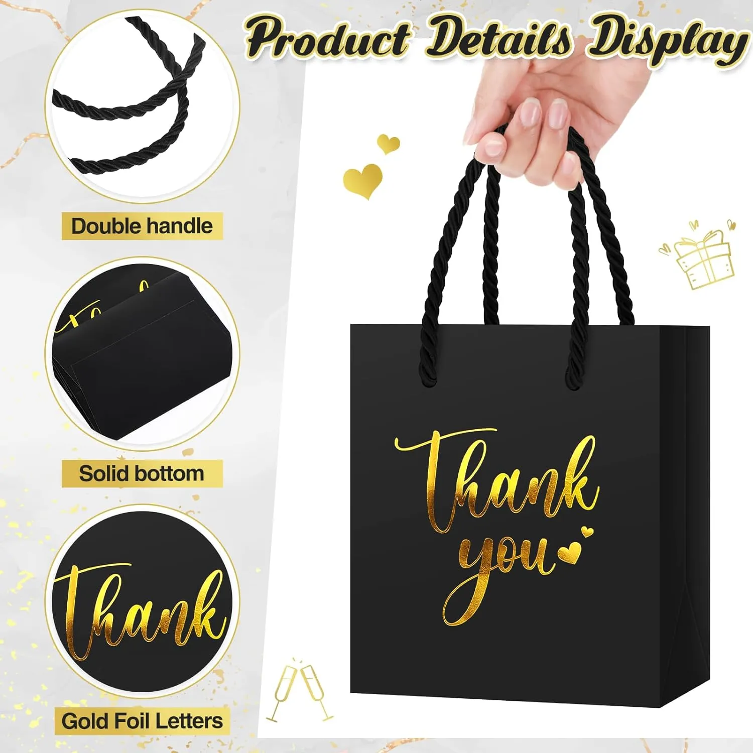 Honoson 30 Pcs Mini Gift Bag with Handle 4 x 2.75 x 4.5'' Small Thank You Paper Bag for Wedding Baby Shower Birthday Graduation Thanksgiving Party Favor Supplies(Black/Gold)