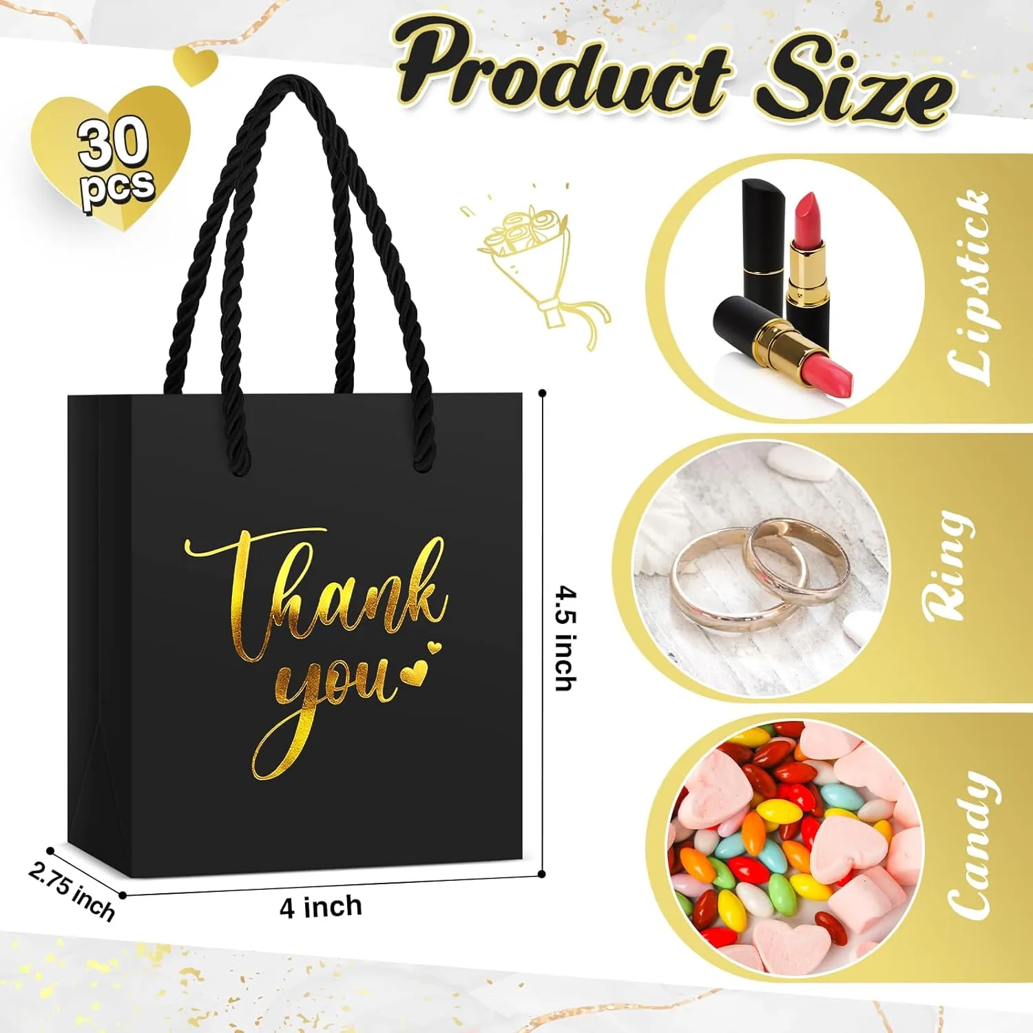 Honoson 30 Pcs Mini Gift Bag with Handle 4 x 2.75 x 4.5'' Small Thank You Paper Bag for Wedding Baby Shower Birthday Graduation Thanksgiving Party Favor Supplies(Black/Gold)