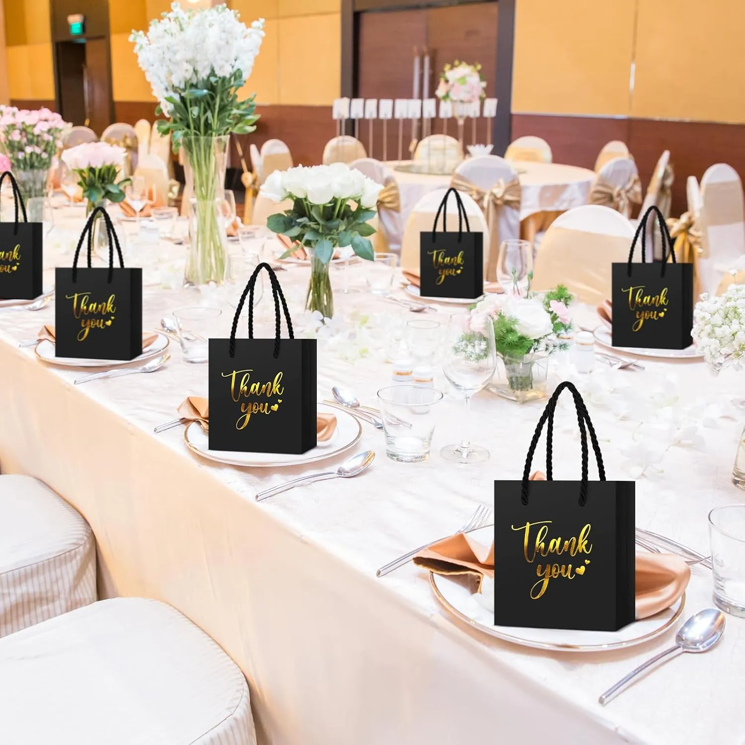 Honoson 30 Pcs Mini Gift Bag with Handle 4 x 2.75 x 4.5'' Small Thank You Paper Bag for Wedding Baby Shower Birthday Graduation Thanksgiving Party Favor Supplies(Black/Gold)